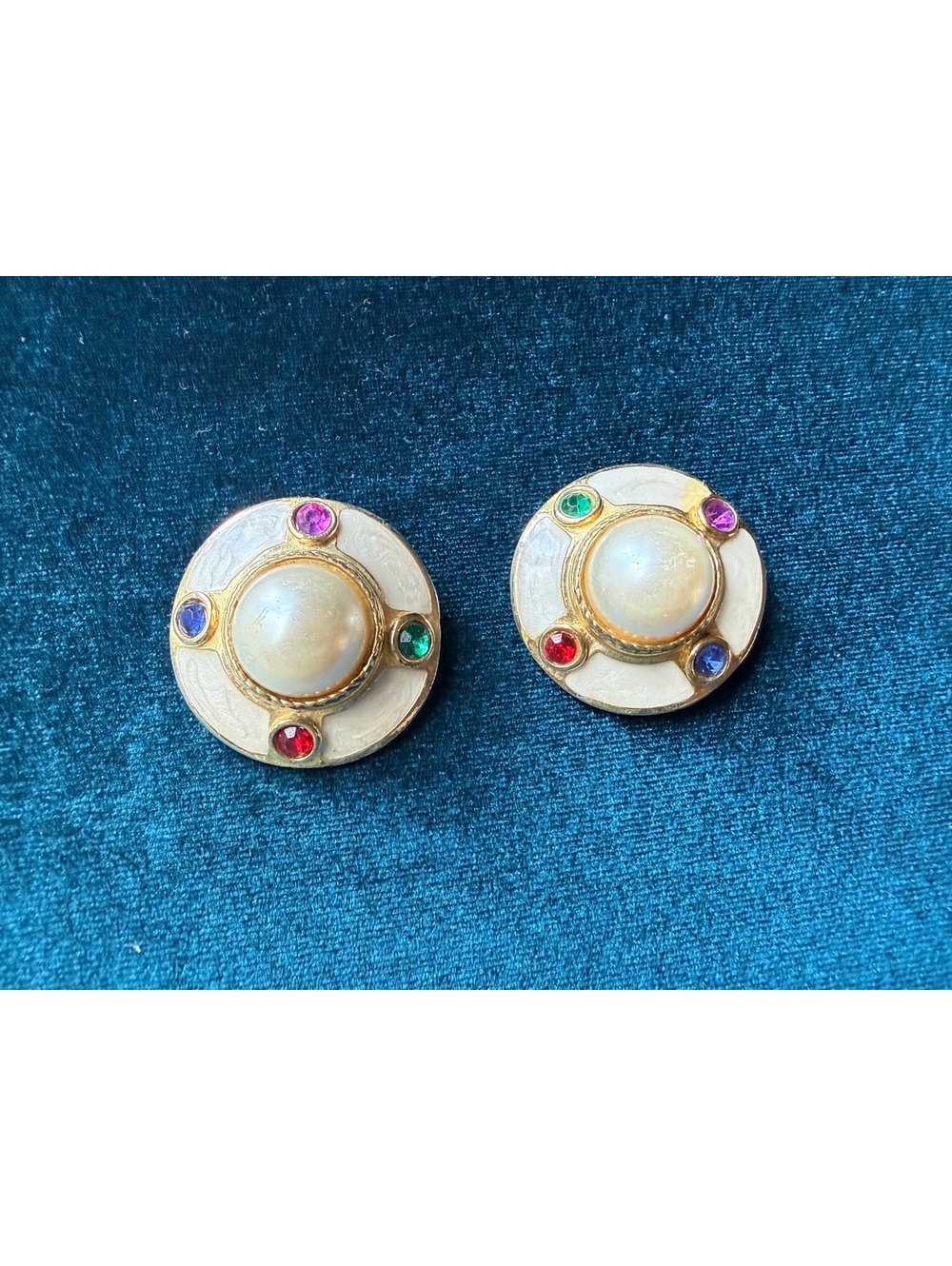 Vintage Faux Pearl & Multicolor Rhinestone Clip-On Earrings
